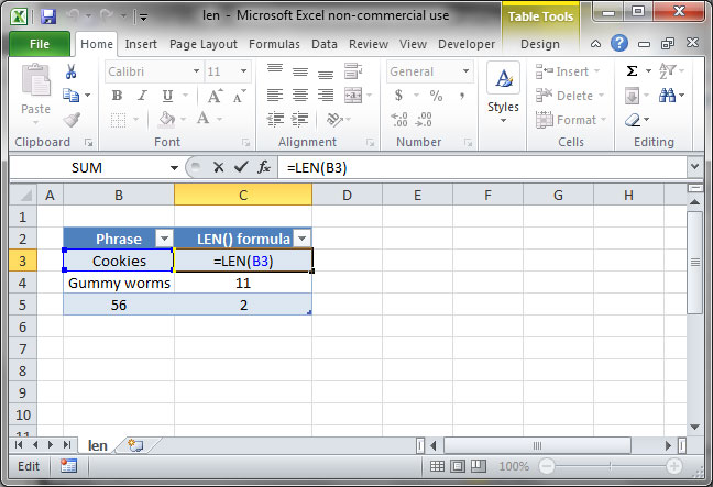 Count characters in Excel using LEN