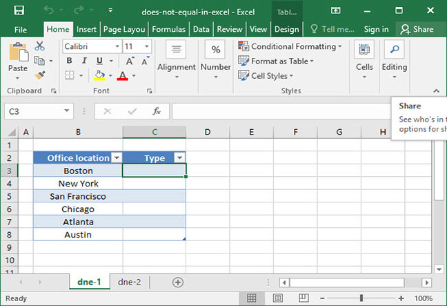 microsoft excel does not equal symbol