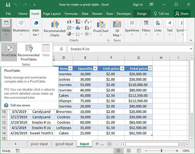 Inserting a Pivot Table