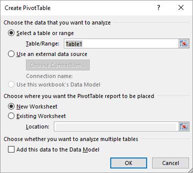 Pivot Table creation dialogue