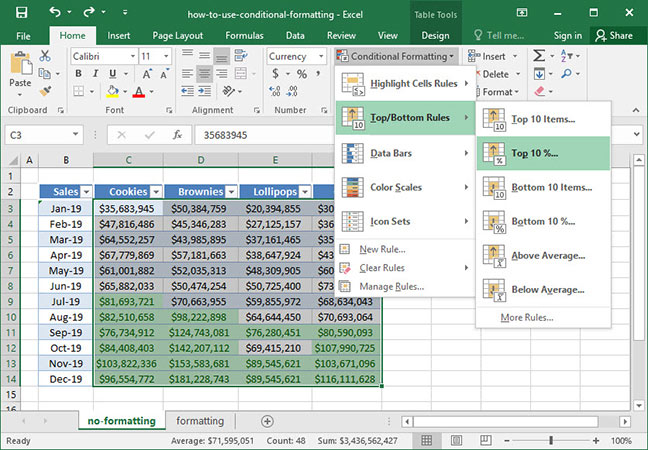 Selecting top 10% formatting