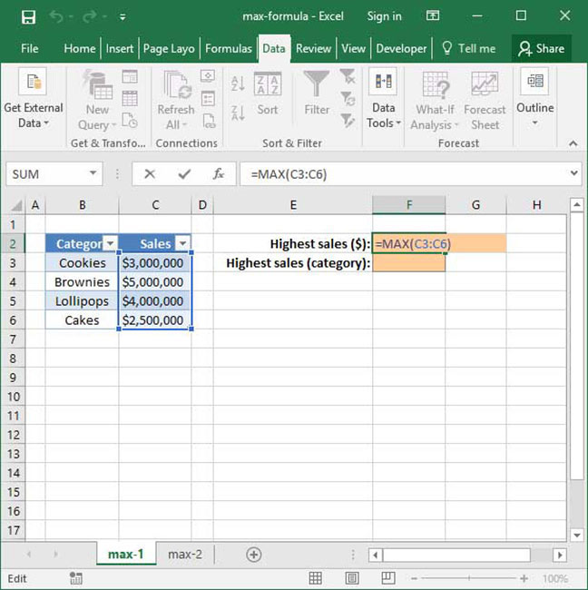 MAX used to calculate dollar sales by product category