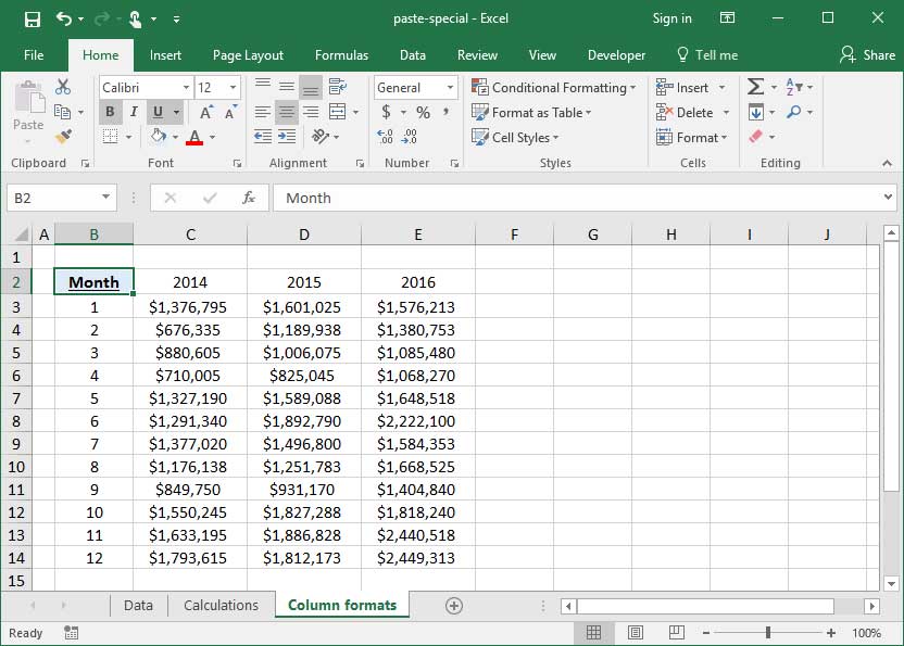 Formatted header row