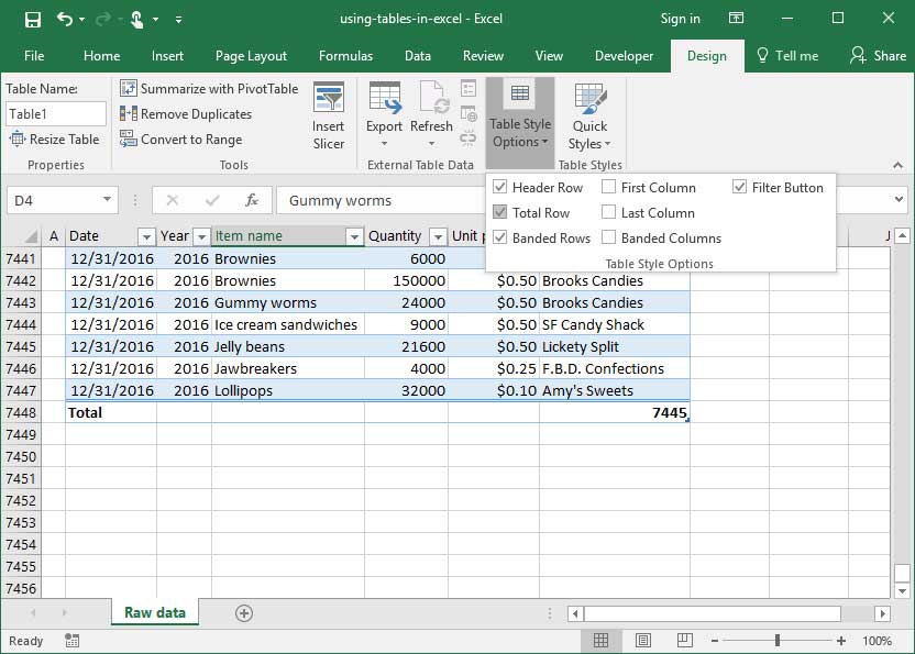 excel how many rows in a table