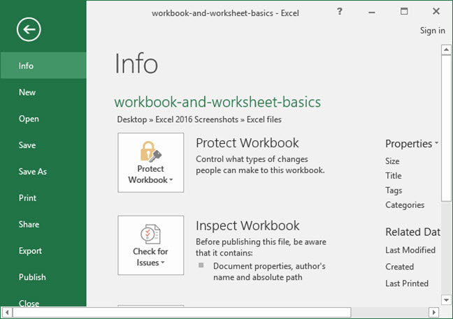 The backstage view of a workbook