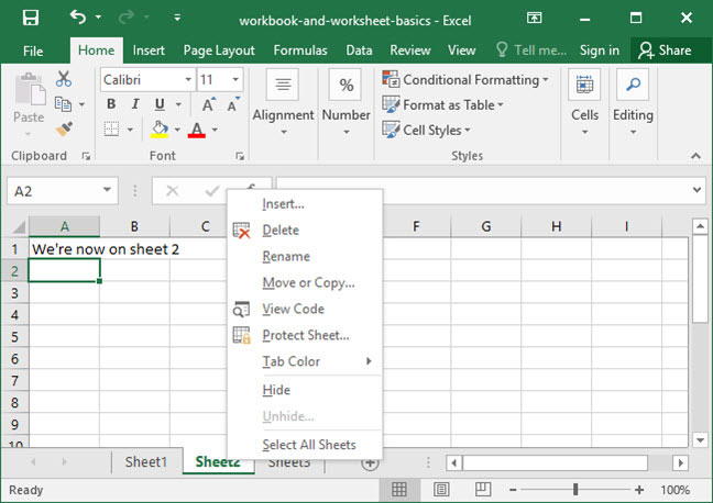 The worksheet options menu